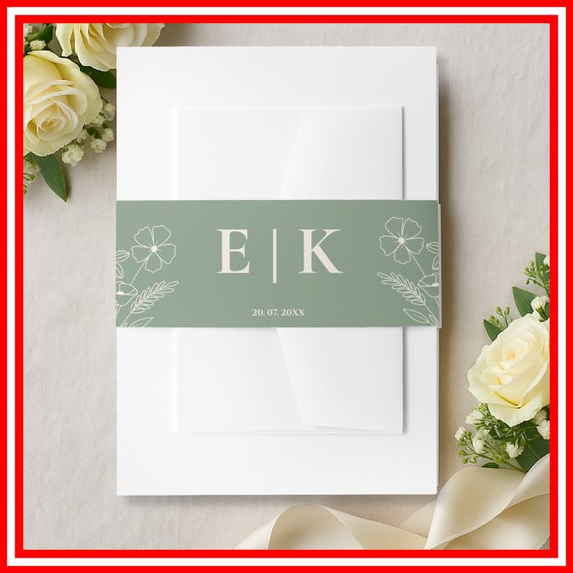 Sage Green Boho Wildflowers Monogram Wedding Invitation Belly Band (Creator Uploaded)