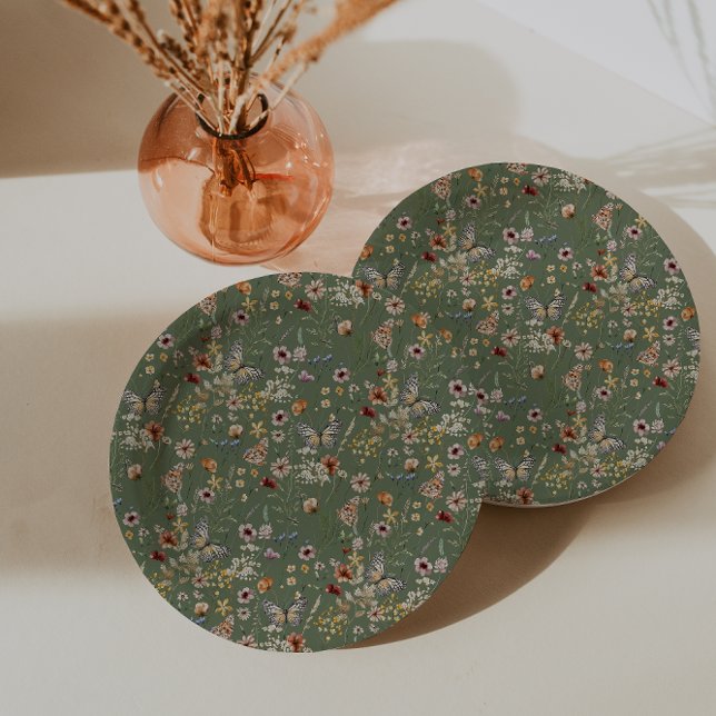 Sage Green Boho Wildflowers Paper Plates (Sage Green Boho Wildflowers Paper Plates with Butterflies by Painted Paperie
)