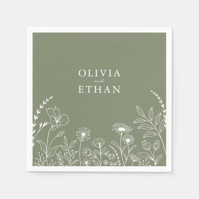 Sage Green, Boho, Wildflowers Wedding Napkins (Front)