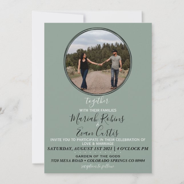 SAGE GREEN Boho Wreath Photo Wedding Invitation (Front)