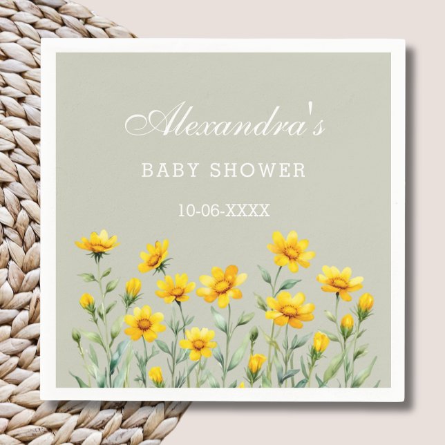 Sage Green Boho Yellow Wildflower Baby Shower Napkins (Creator Uploaded)