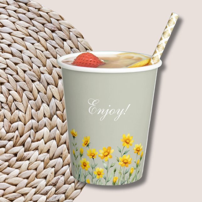 Sage Green Boho Yellow Wildflower Baby Shower Paper Cups (Creator Uploaded)