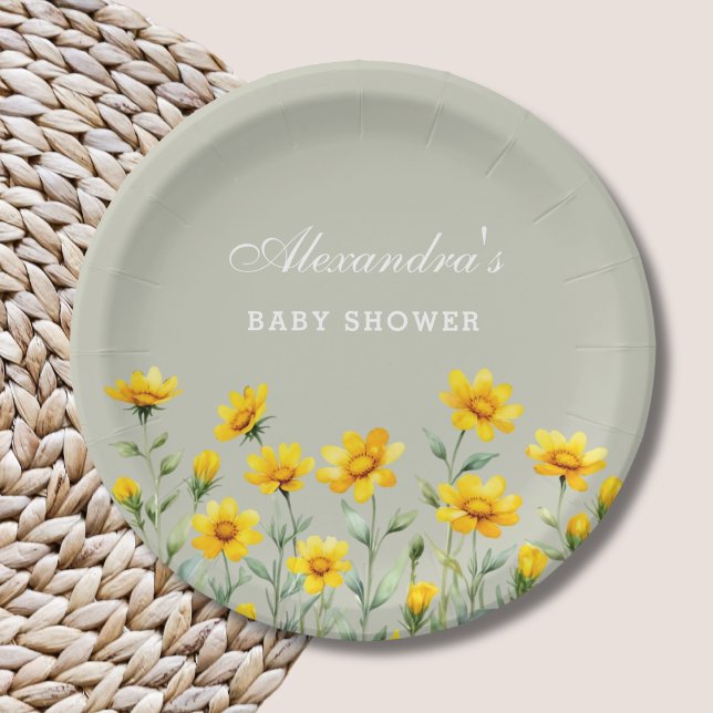 Sage Green Boho Yellow Wildflower Baby Shower Paper Plates (Creator Uploaded)