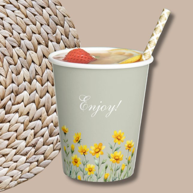 Sage Green Boho Yellow Wildflower Bridal Shower Paper Cups (Creator Uploaded)
