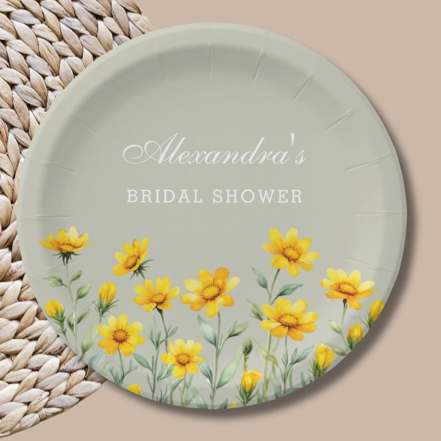 Sage Green Boho Yellow Wildflower Bridal Shower Paper Plates (Creator Uploaded)
