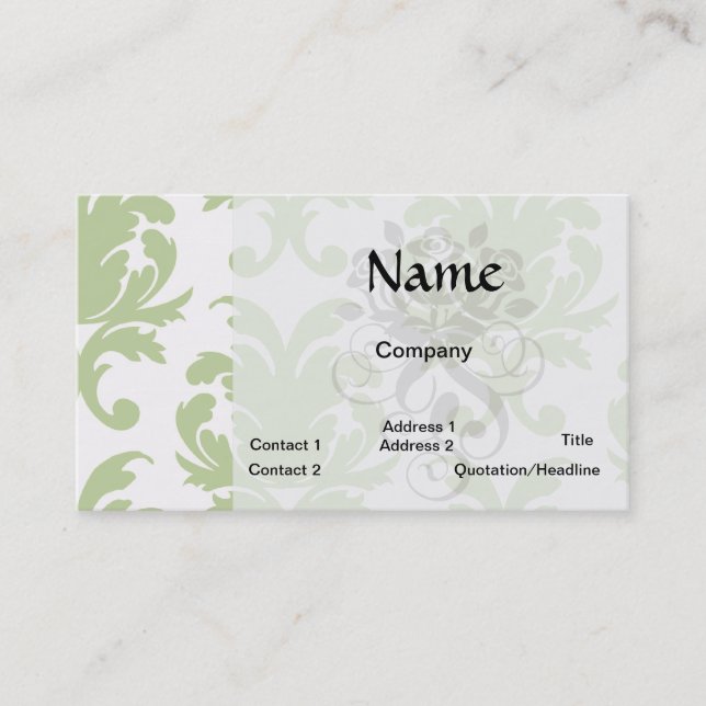 sage green bold large damask pattern business card (Front)