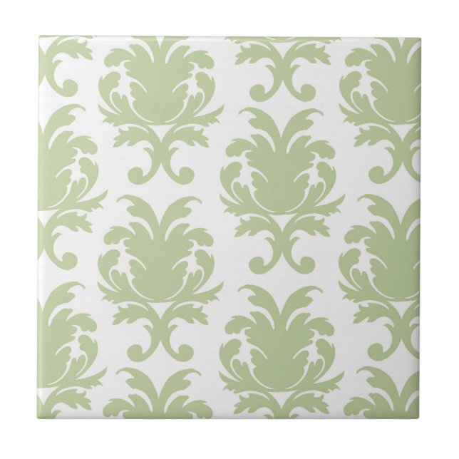 sage green bold large damask pattern ceramic tile (Front)