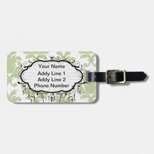 sage green bold large damask pattern luggage tag (Front Horizontal)