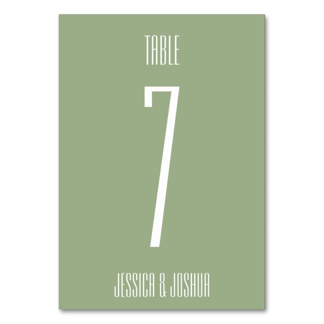 Sage Green Bold Minimalist Simple Modern Wedding Table Number (Front)