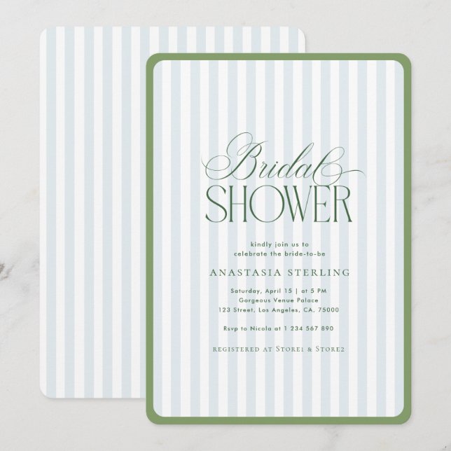 Sage Green Border Blue Stripes Bridal Shower Invitation (Front/Back)