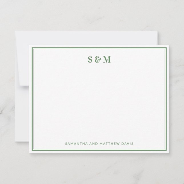 Sage Green Border Elegant Classic Monogram Note Card (Front)