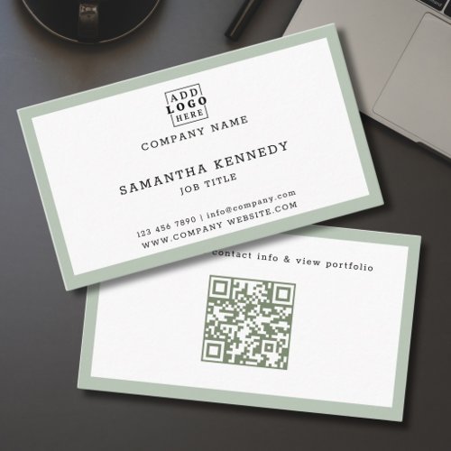 Sage Green Border QR Code Professional Custom Logo Business Card