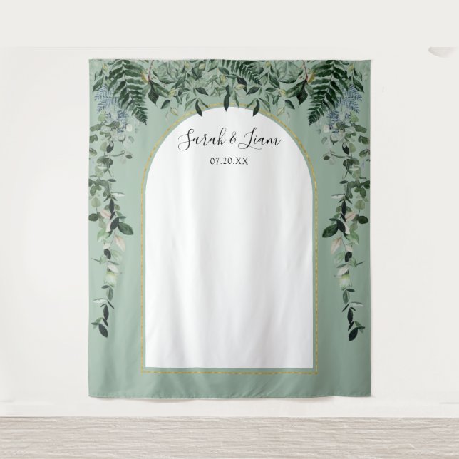 Sage Green botanic arched Wedding Photo backdrop (Front)