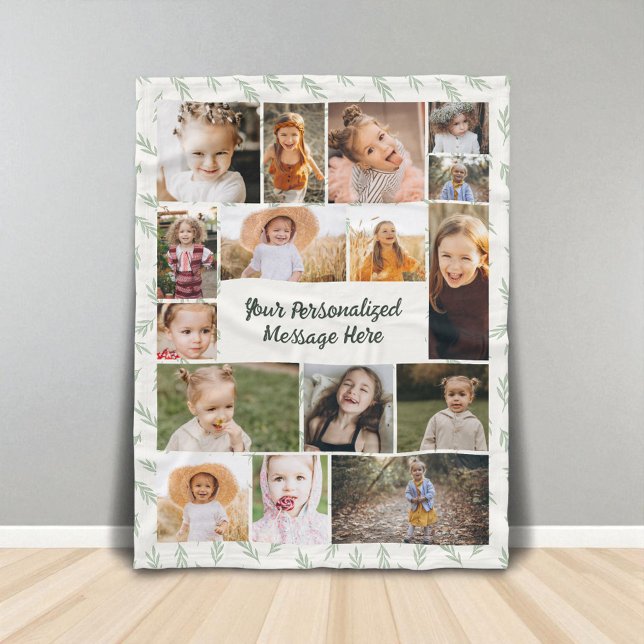 Sage Green Botanical 16 Photo Collage  Fleece Blanket (Creator Uploaded)