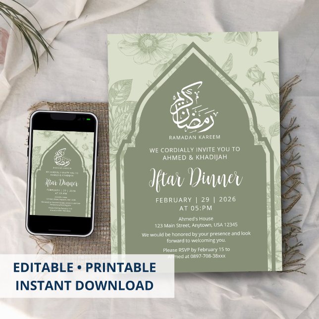 Sage Green Botanical Arch Ramadan Iftar Invitation (Creator Uploaded)