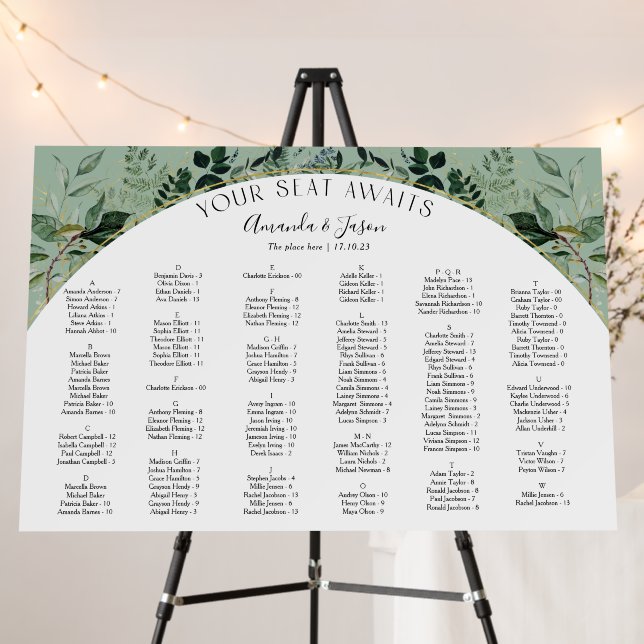 Sage Green Botanical arch wedding seating chart Foam Board (In Situ (Stand))