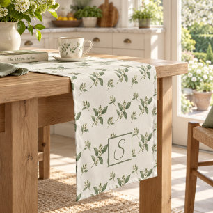 Sage Green Botanical Berries Monogram Short Table Runner