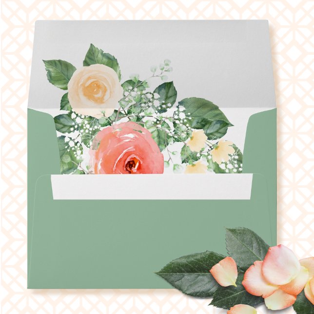  Sage Green Botanical Coral Pink Floral Wedding  Envelope (Creator Uploaded)