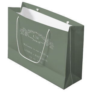 Sage Green botanical crest monogram wedding Large Gift Bag
