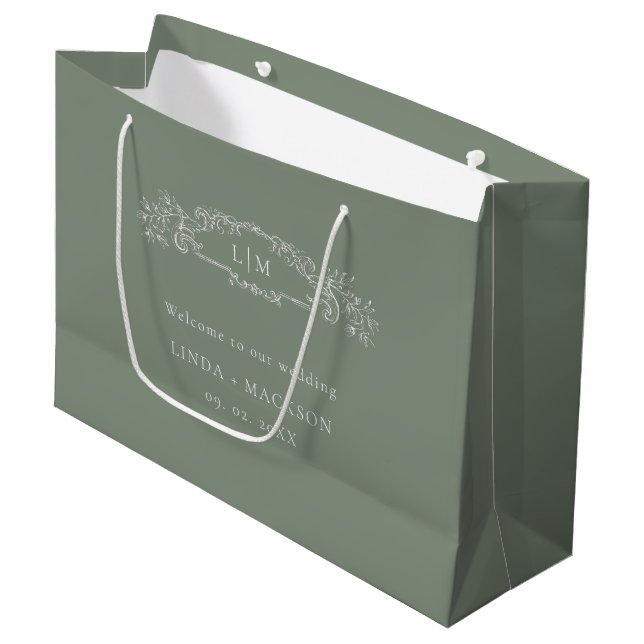 Sage Green botanical crest monogram wedding Large Gift Bag (Front Angled)