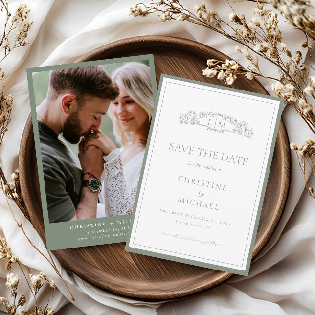 Sage Green botanical crest monogram wedding Save The Date (Creator Uploaded)