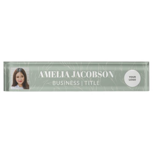 Sage Green Botanical Custom Photo Business Logo Desk Name Plate