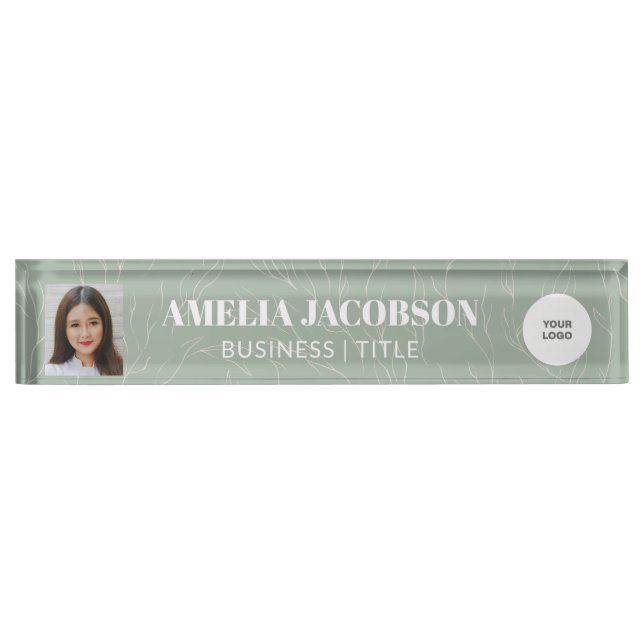 Sage Green Botanical Custom Photo Business Logo Desk Name Plate (Front)