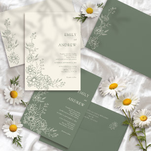 Sage Green Botanical Daisy Garden Wedding Invitation