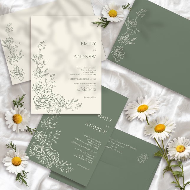 Sage Green Botanical Daisy Garden Wedding Invitation (Creator Uploaded)