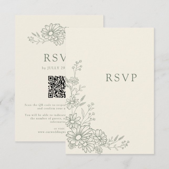 Sage Green Botanical Daisy QR Code Wedding RSVP Card (Front/Back)
