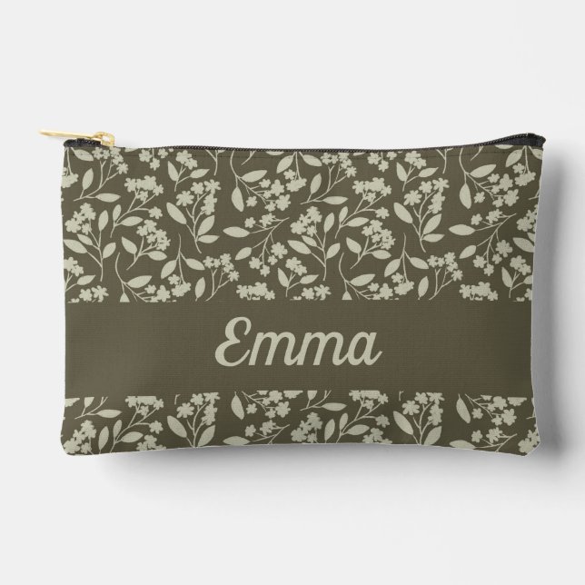 Sage Green Botanical Elegant Flowers Accessory Pouch (Front)