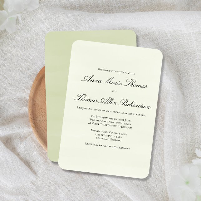 Sage Green Botanical Elegant Minimalist Wedding Invitation (Sage green minimalist wedding invitation with elegant script and clean layout.)