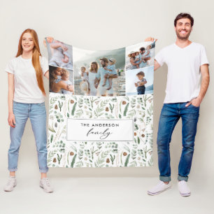 Sage green botanical elegant modern family 5 photo fleece blanket