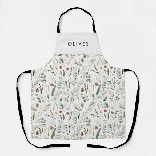 Sage green botanical elegant modern family gift apron (Front)