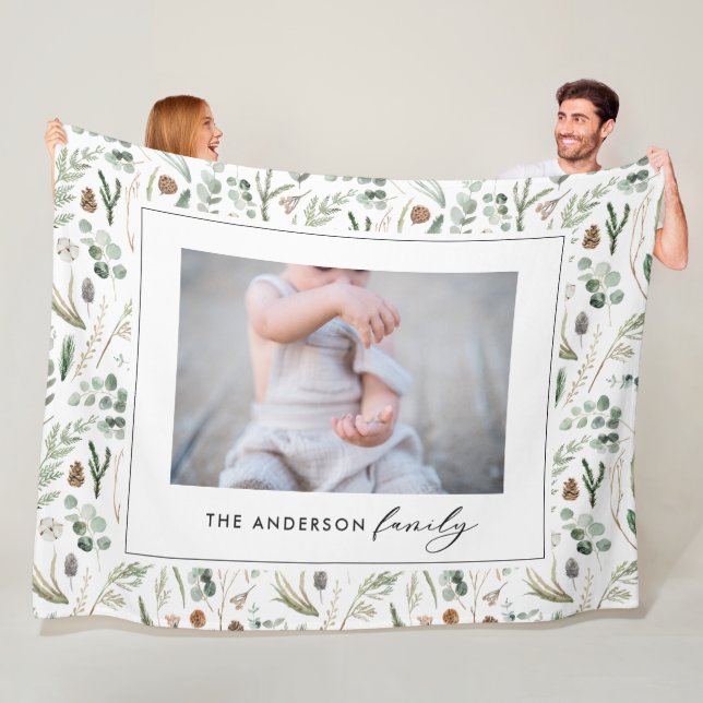 Sage green botanical elegant modern family photo fleece blanket (In Situ)