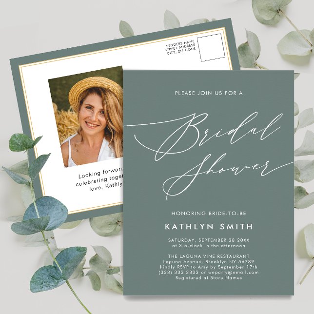 Sage Green Botanical Elegant Script Bridal Shower Invitation Postcard (Creator Uploaded)