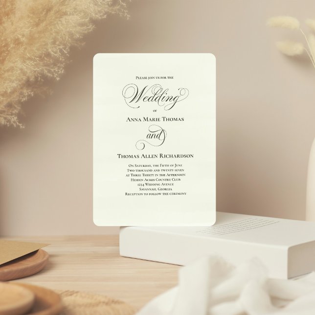 Sage Green Botanical Elegant Script Wedding Invite (Elegant sage green script invitation with timeless minimalist layout.)