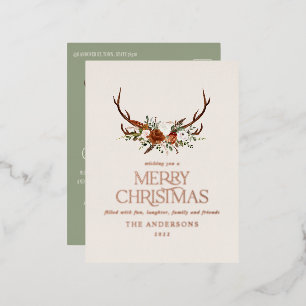 Sage green botanical elegant stag rustic modern foil holiday postcard
