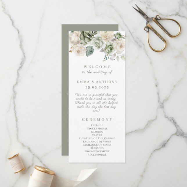 Sage Green Botanical Elegant Wedding Ceremony  Program (Front/Back In Situ)