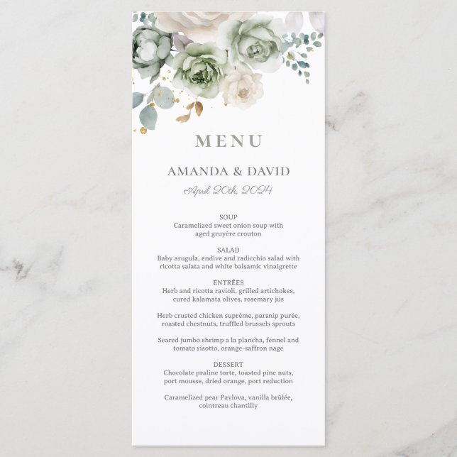 Sage Green Botanical Elegant Wedding Flat Menu (Front)