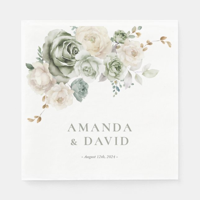 Sage Green Botanical Elegant Wedding Napkins (Front)