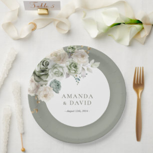 Sage Green Botanical Elegant Wedding Paper Plates