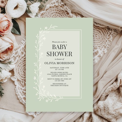 Botanical Sage green Floral or wildflower baby shower invitation