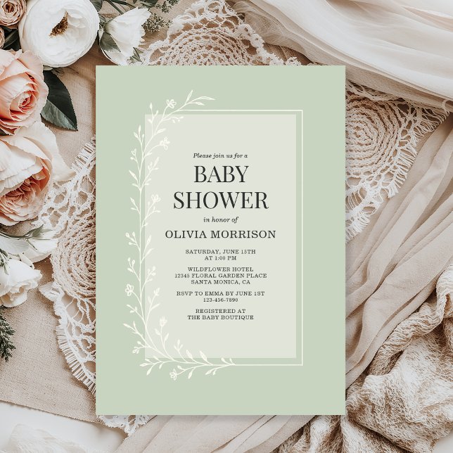 Sage Green Botanical Floral Baby Shower Invitation (Creator Uploaded)