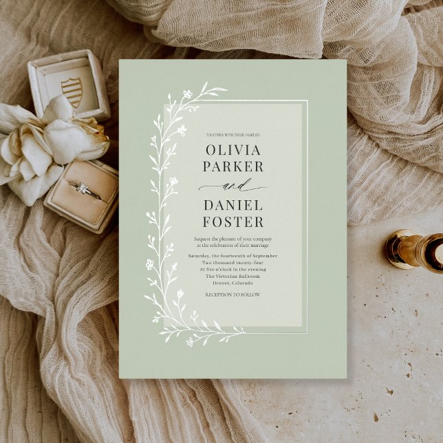 Sage Green Botanical Floral Wedding Silver Foil Invitation (Creator Uploaded)