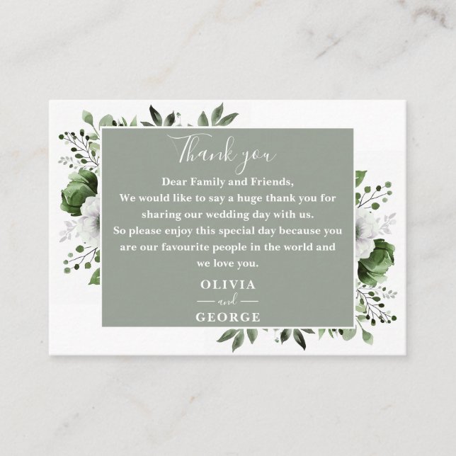 Sage Green Botanical Floral Wedding Thank You Place Card (Front)