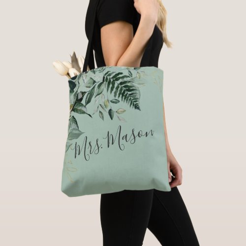 Sage Green botanical foliage personalized bride Tote Bag