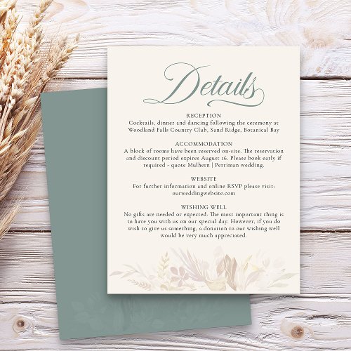 Sage Green Botanical Foliage Wedding Details Enclosure Card