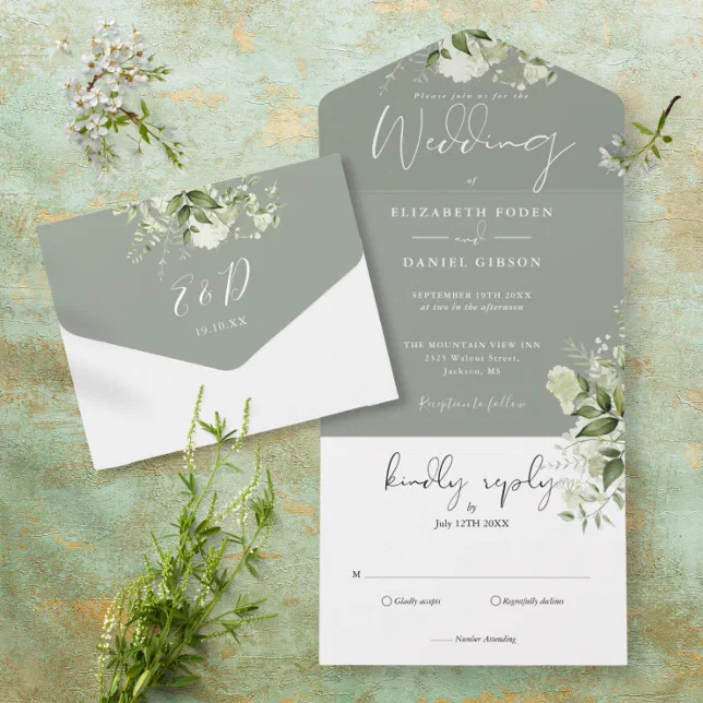 Sage Green Botanical Greenery Monogram Wedding All In One Invitation ...