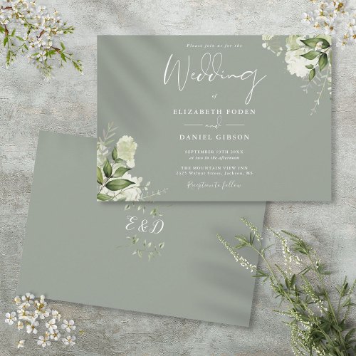 Sage Green Botanical Greenery Monogram Wedding Invitation